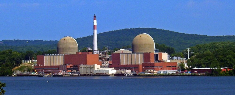Nuclear power plant with domes on a riverbank