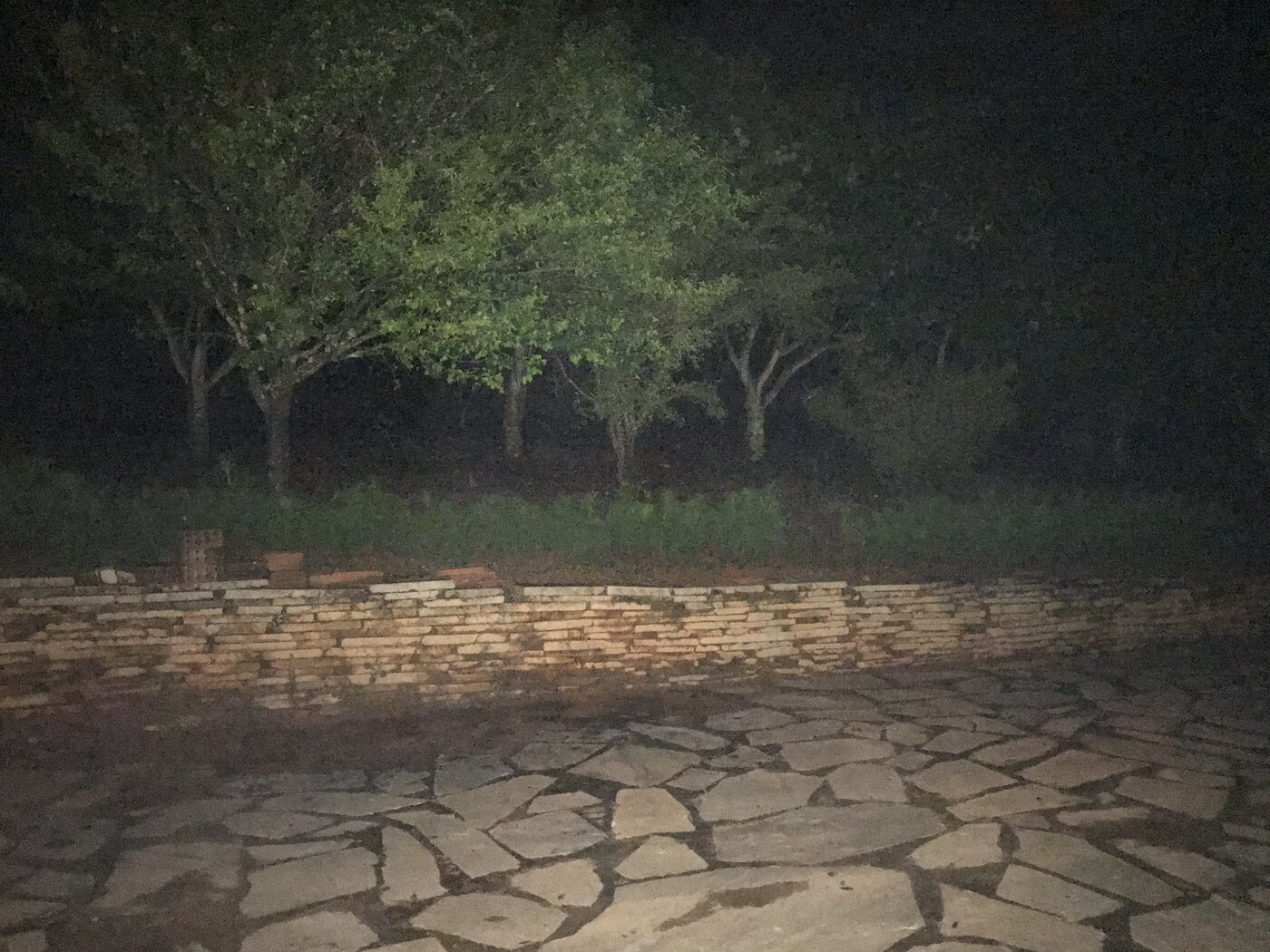 The farm’s parking area at night, lit by flash: uneven stone ground, a low stacked-stone wall and garden trees behind it